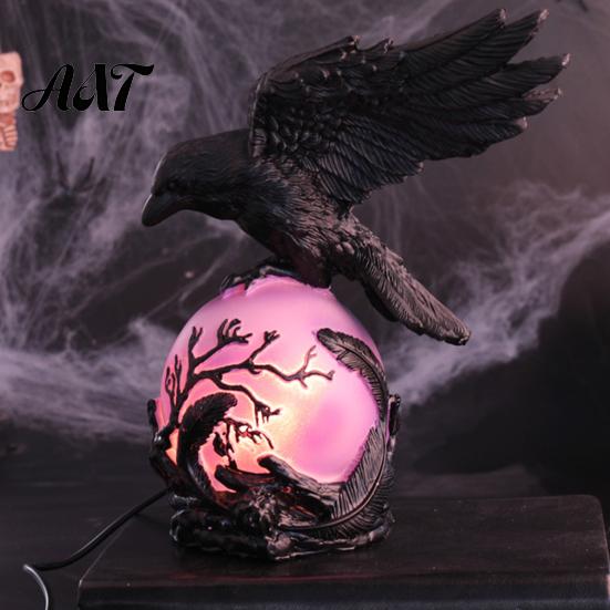 Halloween Home Decoration Gothic Crow Lamp, with Purple Light Ball, Resin Night Light, Matte Black Statue USB Powered Dark Style for