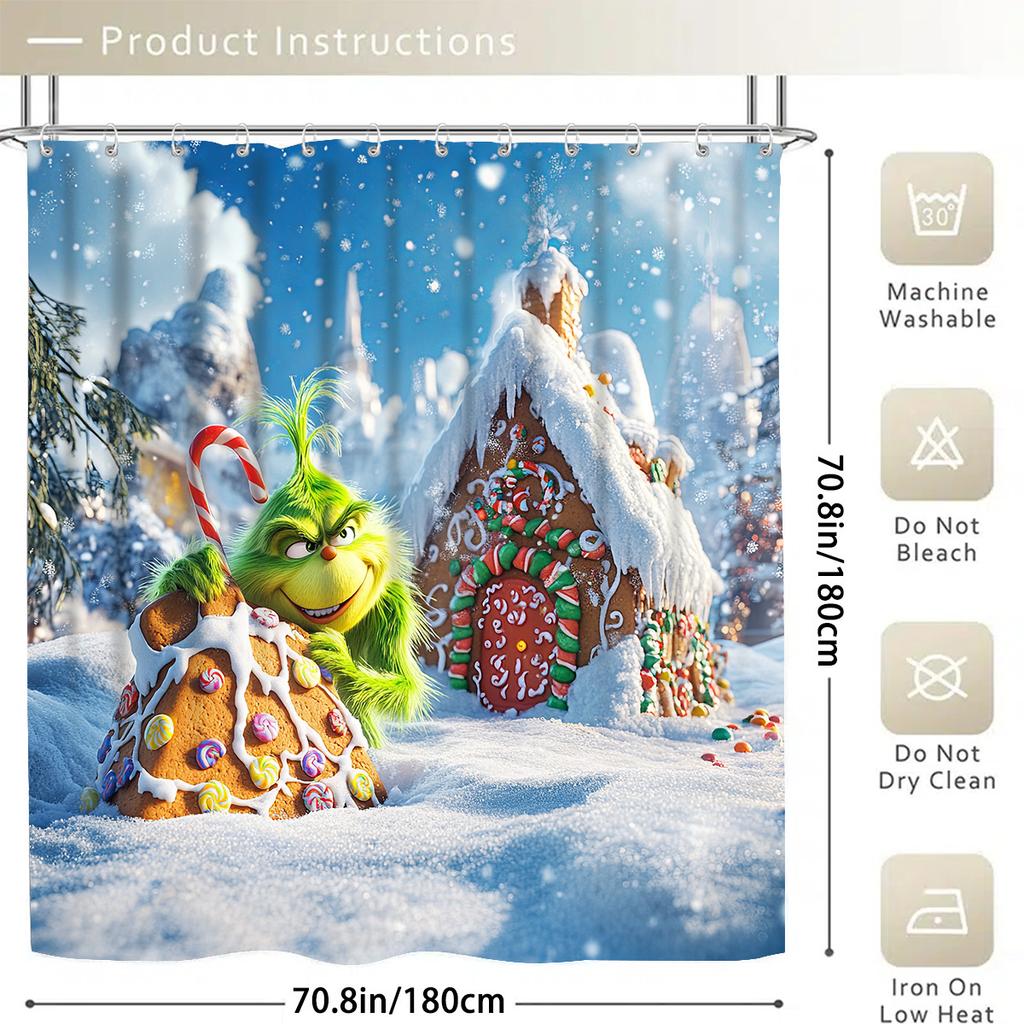 The Grinch Christmas Bathroom Set With Shower Curtain, Toilet Lid Cover & Mats | Snowy Christmas Scene | Festive Holiday Decor