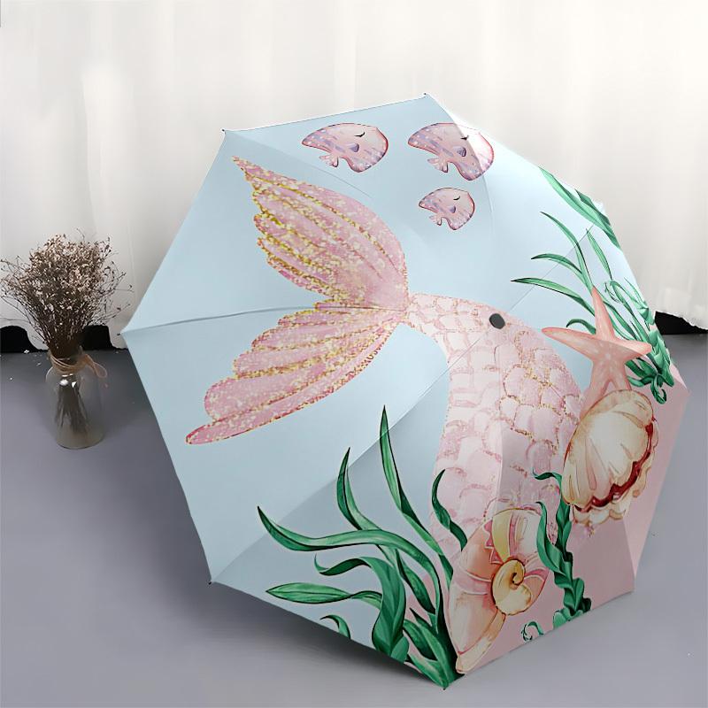 1PC Mermaid Shell Umbrella-8-Rib Reinforced Portable Folding Travel Suitable for All Seasons Outdoor Daily , Fun Design-Z0414
