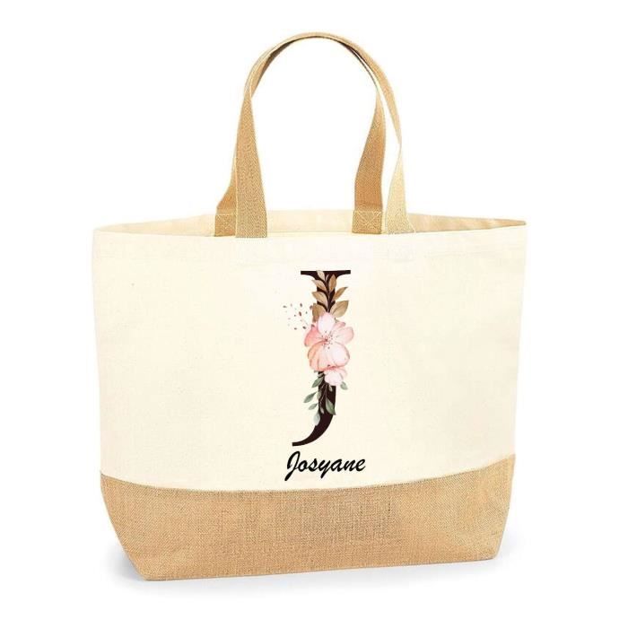 Tote bag en jute - PLANETEE - Josyane Lettre Fleur - Multicolore - Jute naturel - Poignées renforcées