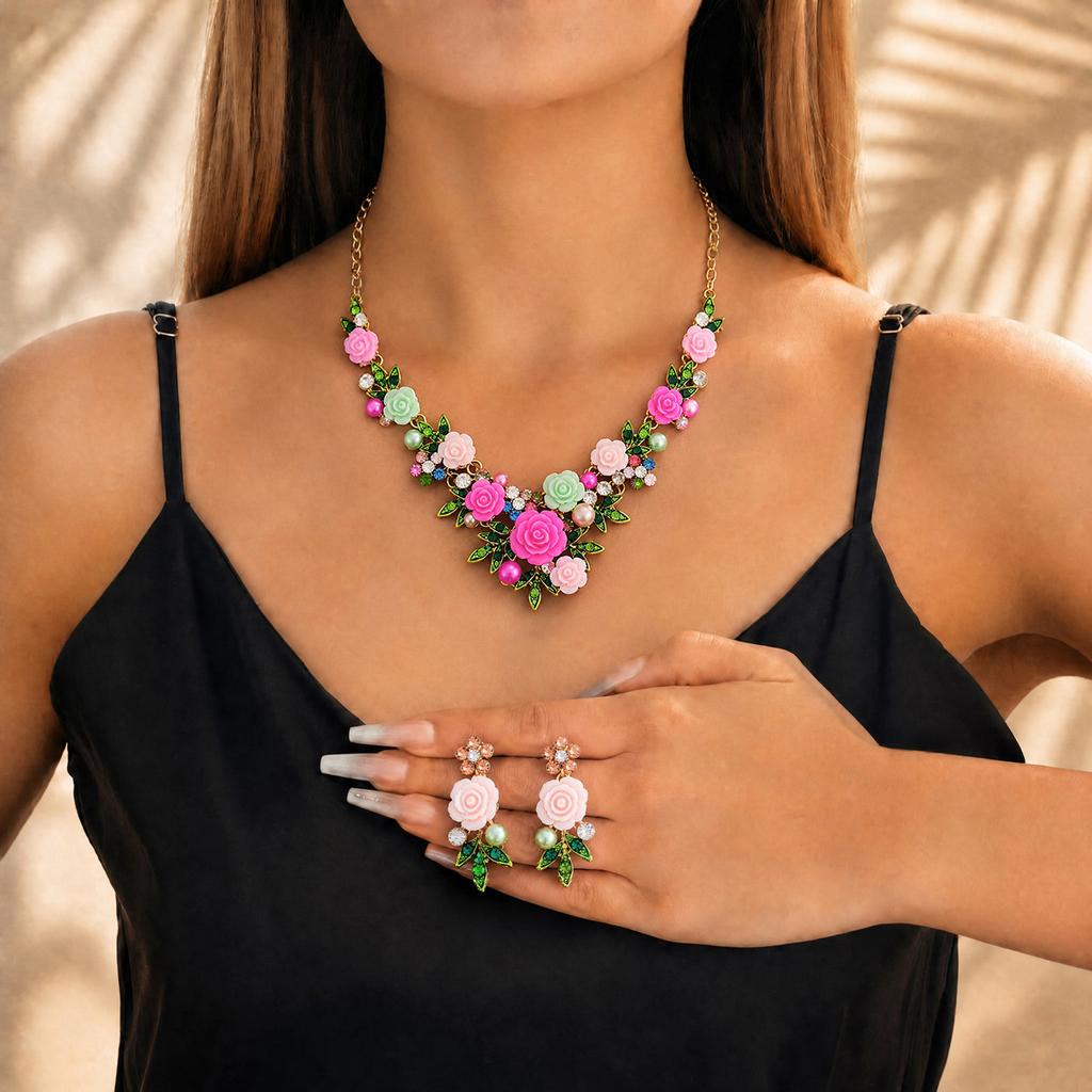 French Gentle Pink Rose Flower Pearl Necklace Earrings Set Mori Fresh Bridal Dress Accessories Women's 2026