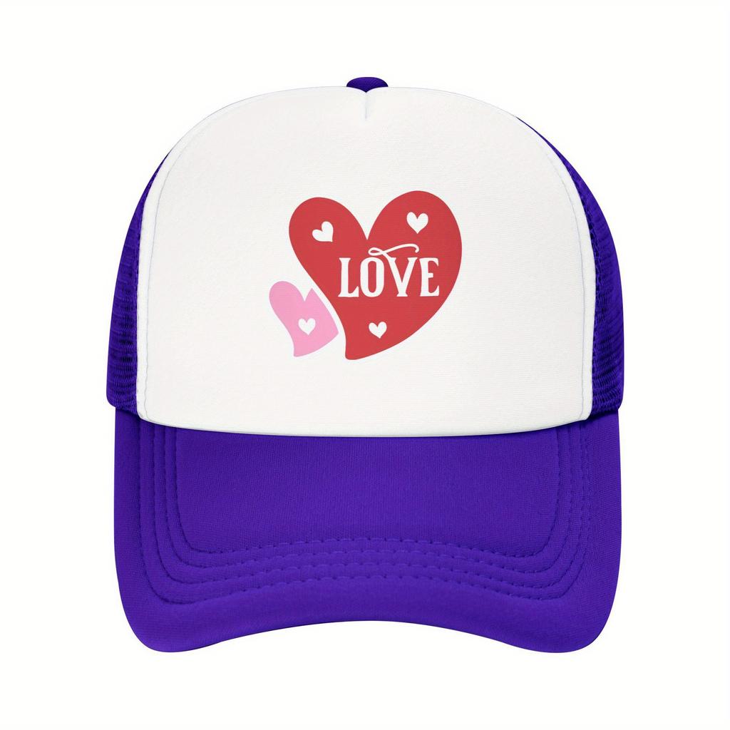 Love Heart Graphic Mesh Trucker Hat Polyester Casual Adjustable Snapback Baseball Cap for Men Women