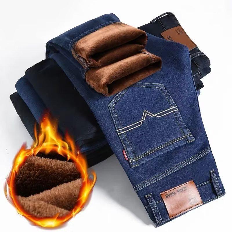 Men's Plush Thick Straight Jeans: Warm, Loose-Fit, Cold-Proof Outdoor Pants for Fall and Winter