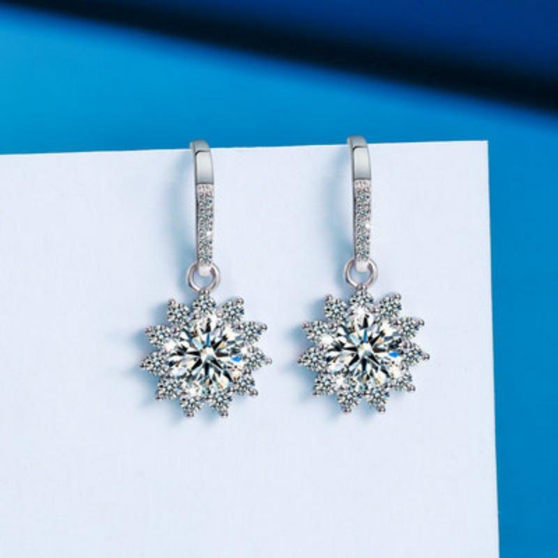 New White Copper Plated Platinum Moissanite Earrings Sunflower Diamond Ear Hook