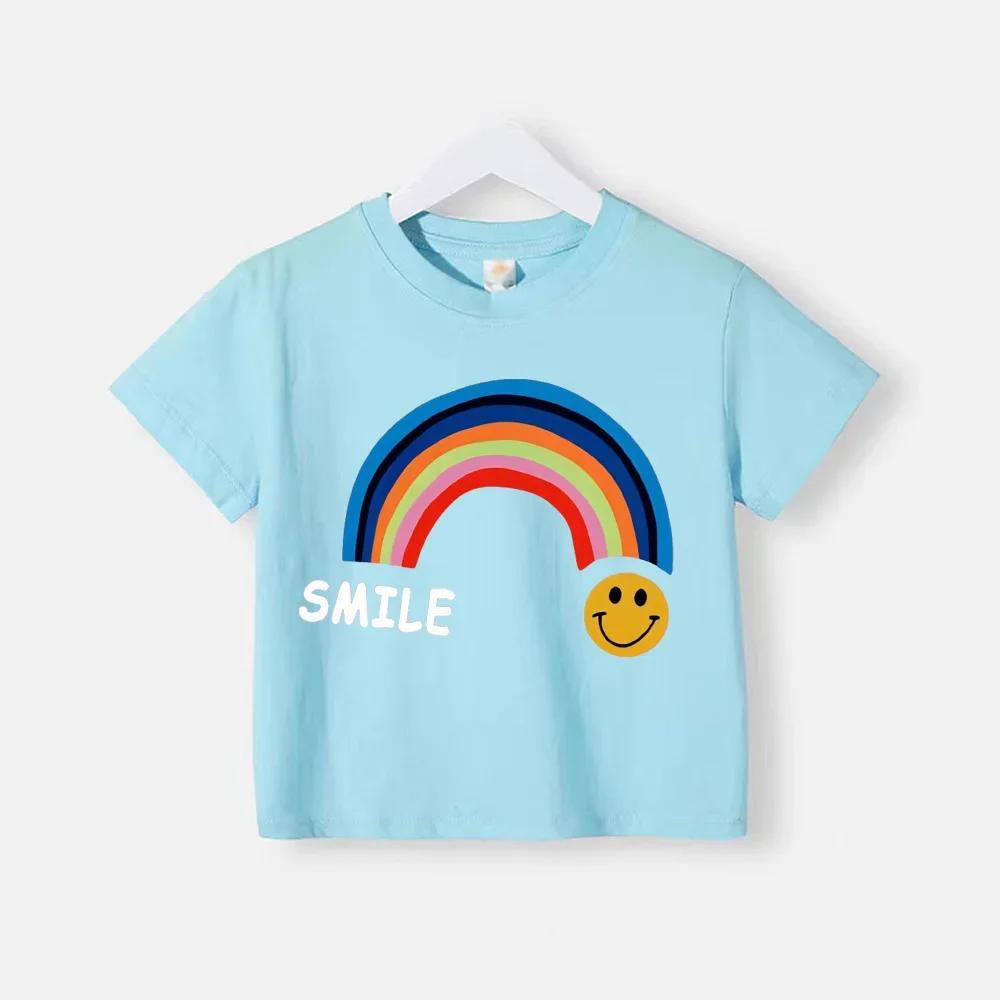 Summer Cotton Children Tshirt Cartoon Rainbow Smile Face Printed Korean Kids Tshirt Boys Girls Comfortable Short Sleeve Tee Top