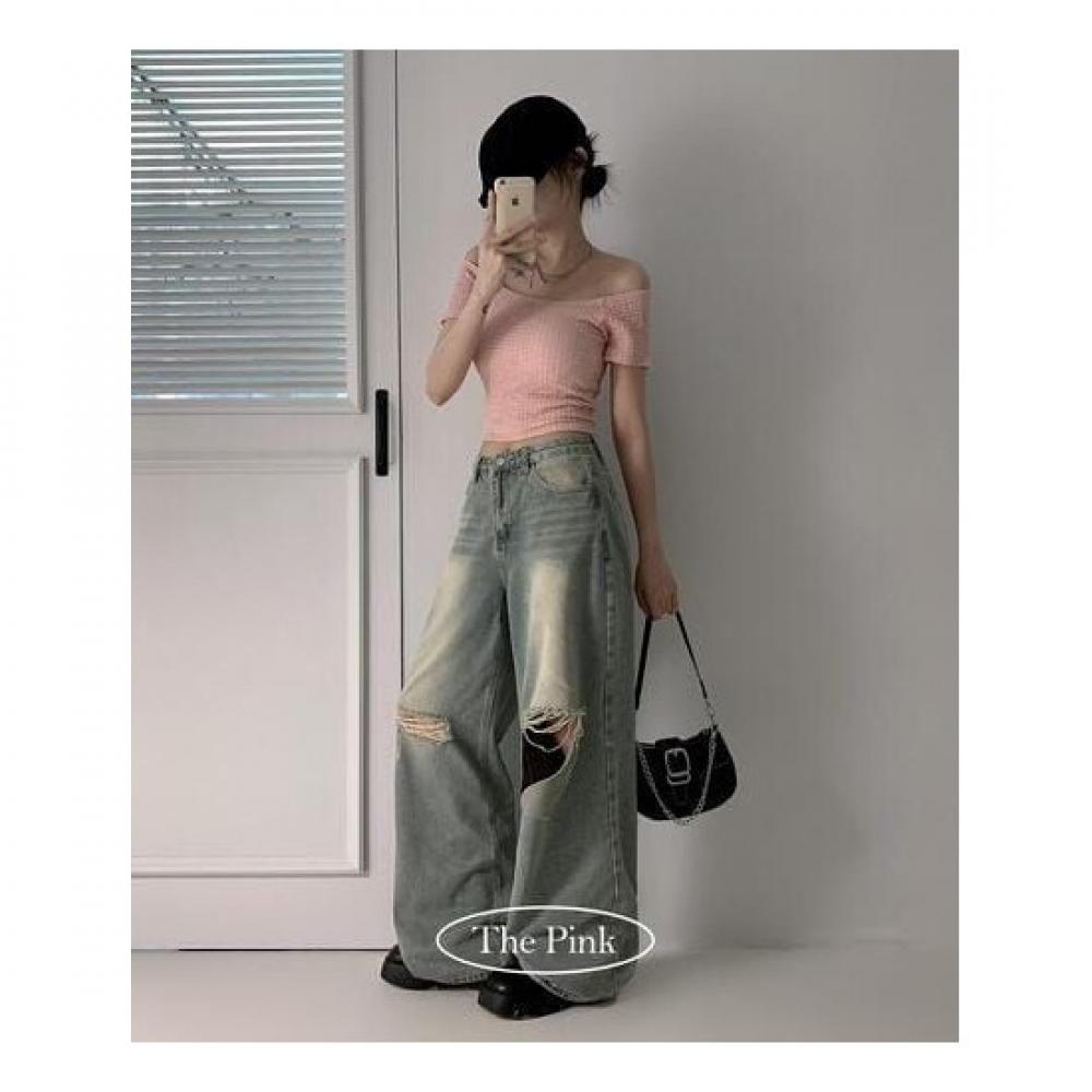 The Pink High Waist Washing Damage Wide Denim Pants