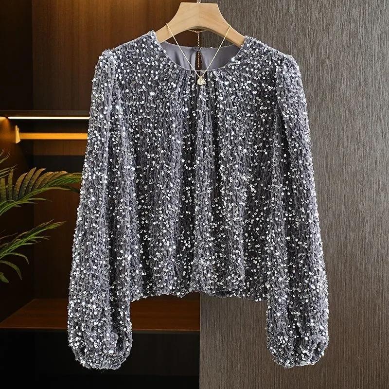 Camiseta Feminina Outono com Lantejoulas Manga Longa Gola Redonda Elegante Camada Base Top