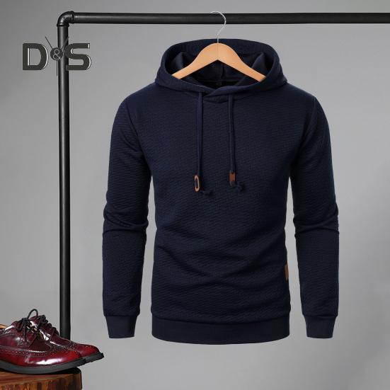 Men Fall Winter Hoodie Solid Color Drawstring Long Sleeves Jacquard Design Hooded Elastic Cuff And Hem Thin Daily Wear Casual Sport Top