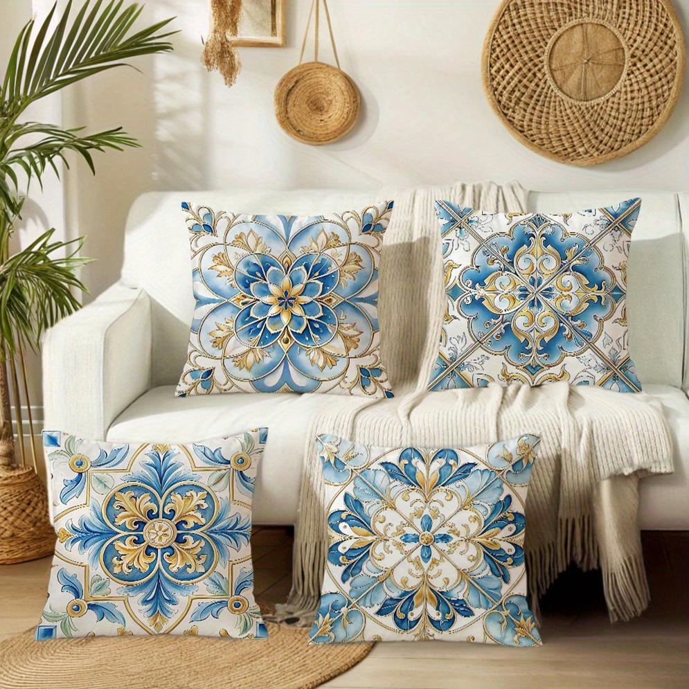 1/4pcs Bohemian Blue Gold Floral Tile Throw Pillow Covers Vintage Mediterranean Style Cushion Cases for Home Sofa Bedroom Decor