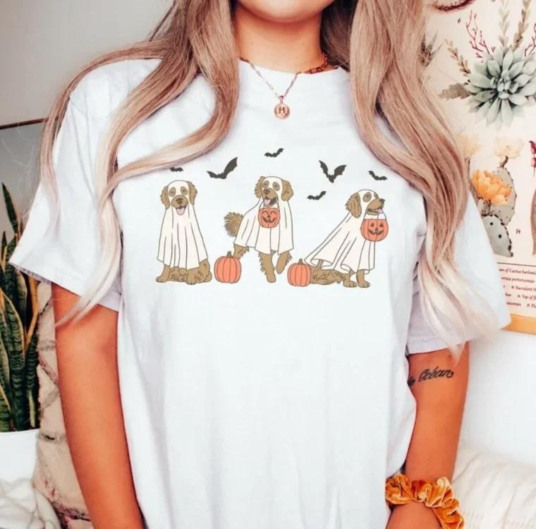 Cute Golden Retriever Ghost Dog T Shirt Halloween Graphic Unisex Gift Tee 4XL