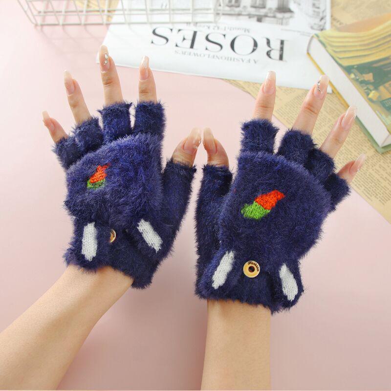 

Перчатки-раскладушки с рисунком морковки для девочек - полупальцы, толстые, теплые, на осень/зиму синий