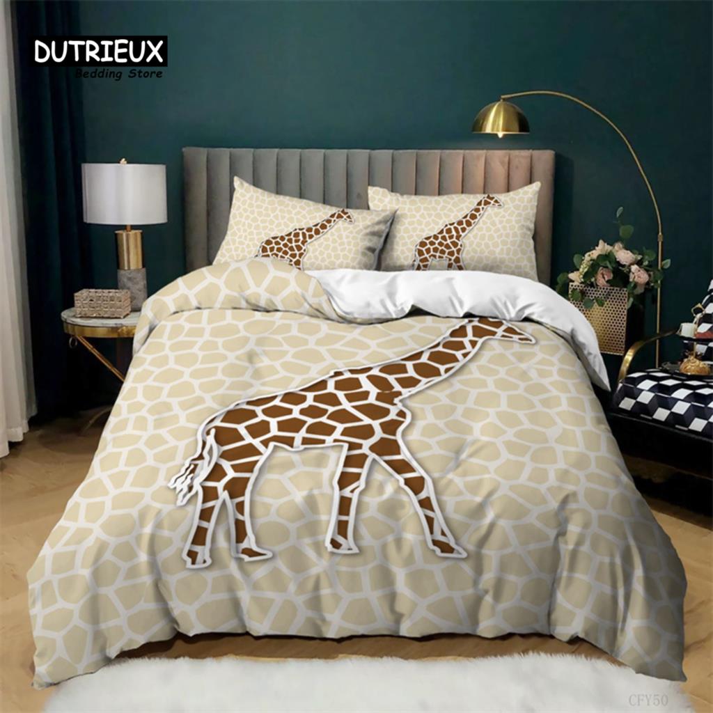 Cartoon Elk Duvet Cover Giraffe Deer Bedding Set Full For Kids Teens Room Decor Wild Animal Floral Quilt Cover With Pillowcases