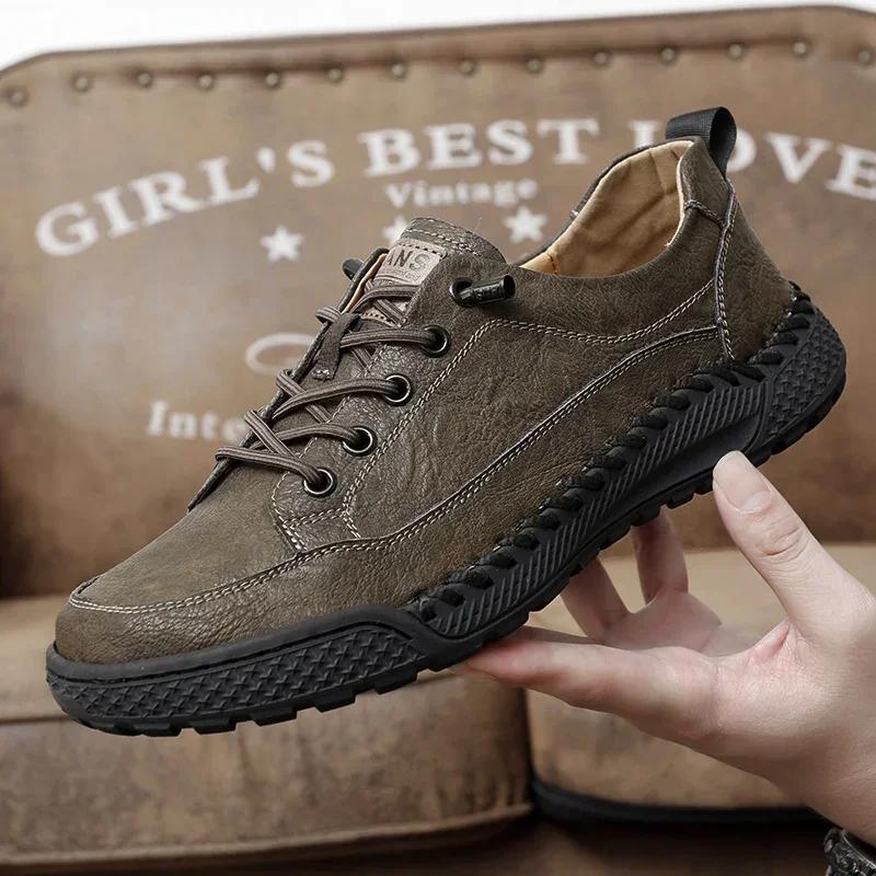 Hand-stitched Casual Leather Shoes For Men Breathable and Waterproof for All Seasons  Lightweight and Durable For Everyday Wear