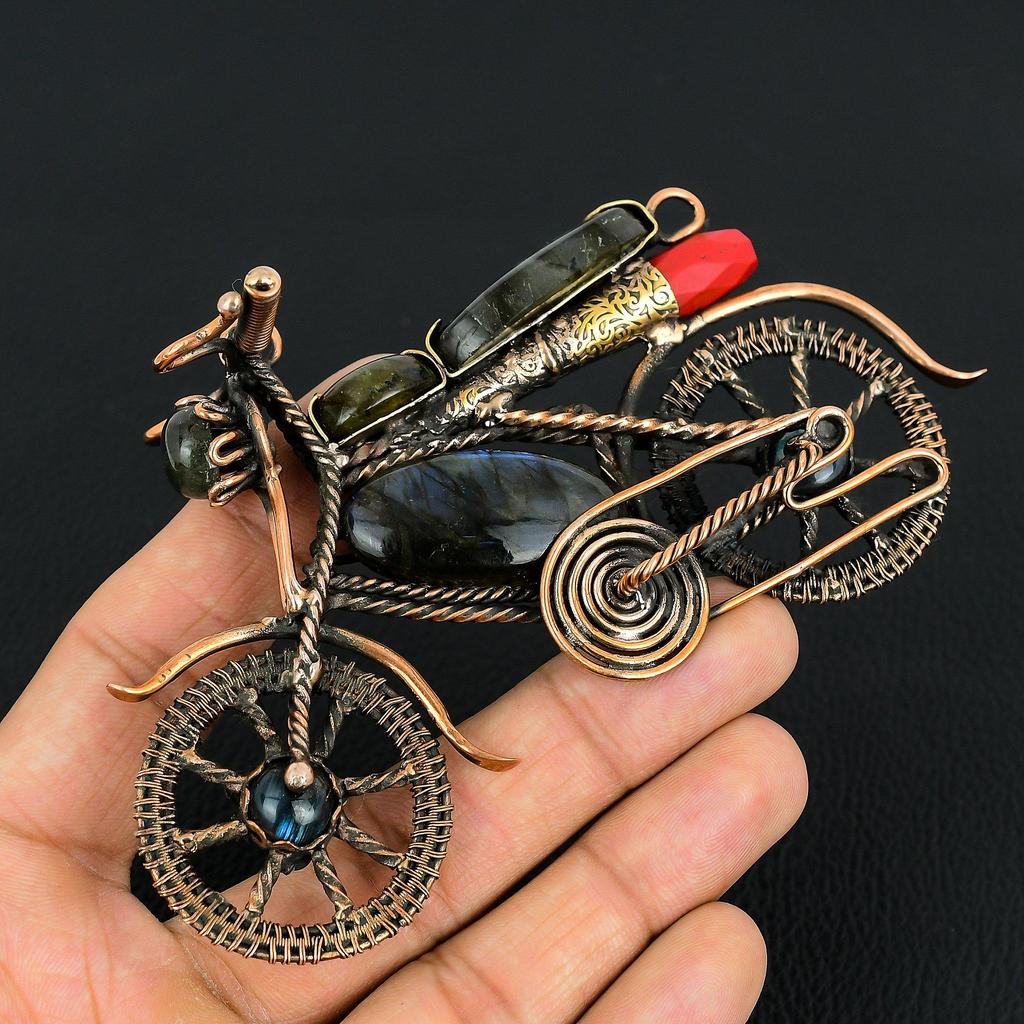 Labradorite & Red Coral Gemstone Copper Wire Wrapped Motorcycle Designer Pendant, Gifts For Wife Brand New Pendant