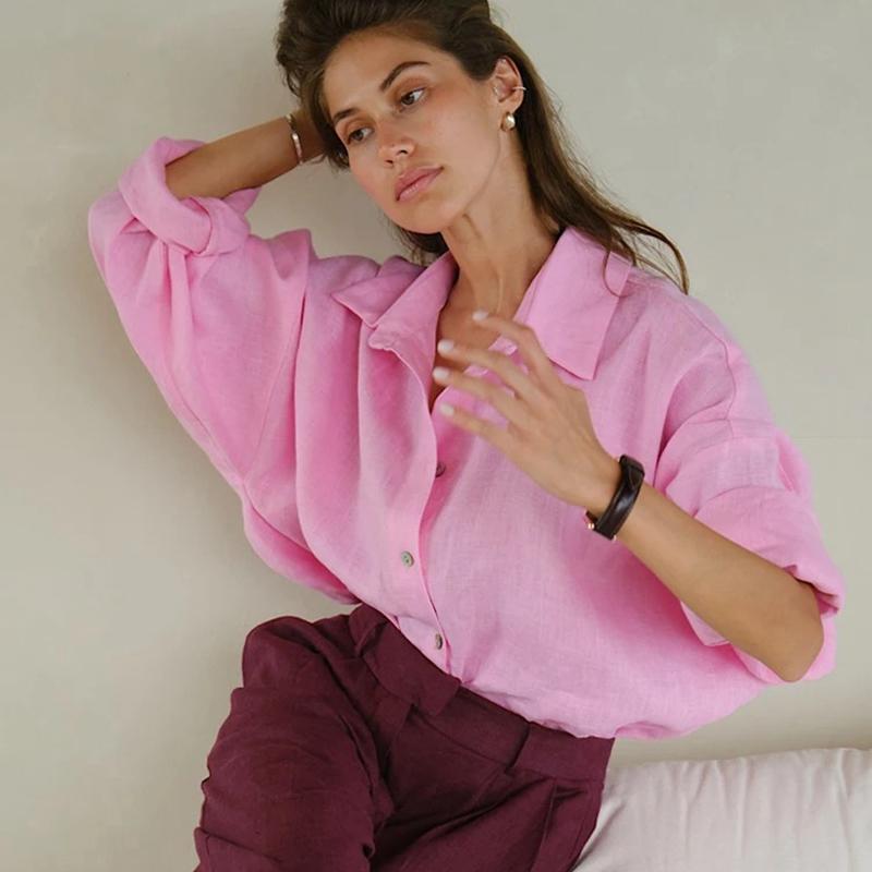 Women's Linen Shirt Long Sleeve Elegant Pink Oversize Blouse Vintage Basic Top Collar Cotton Linen Shirt for Women