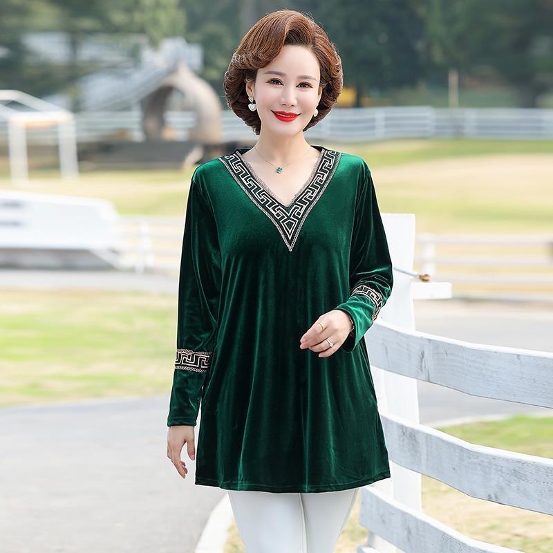 Women's Plus Size Blouse Loose V-Neck Velvet Blouse Spring Autumn Long Sleeve Velvet Pullover Top