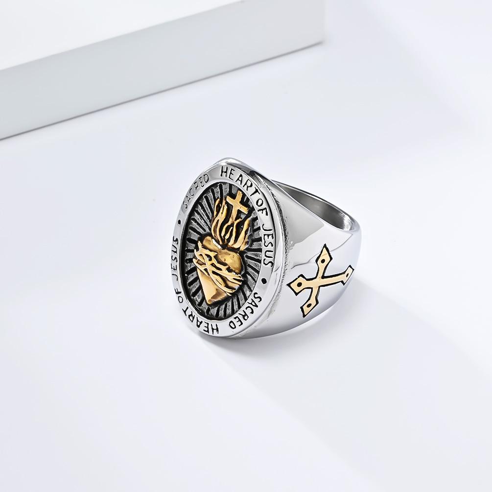 Retro Hip Hop Titanium Steel Cross Ring for Men Unique Heart Cross Design Fashion Hand Jewelry Accessory