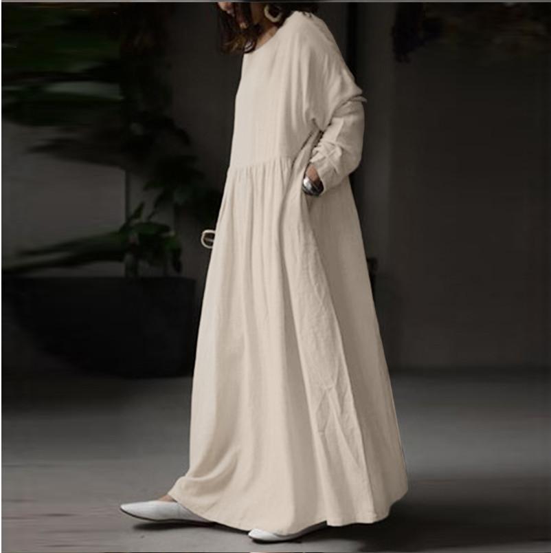 Spring Autumn Women's Vintage Solid Long Dress Women's Sundress  Casual Long Sleeve Pleated Vestidos Retro Long Loose Dress