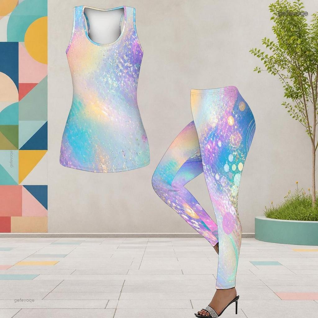 Women Plus Size Black Blue Purple Two Piece Set Scoop Neck Sleeveless Printed Longline Tank Top Fitted Leggings