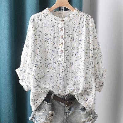 Damen-Zweilagiges Baumwollgarn-Shirt mit Blumenmuster und Stehkragen, lockeres Baumwollgarn-Shirt