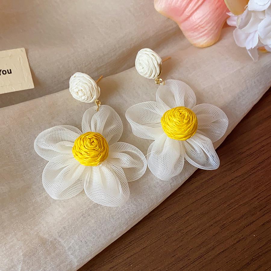 Silver Needle Raffia Chiffon Flower Stud Earrings - Sweet Vacation Style with a High-End Design Feel.
