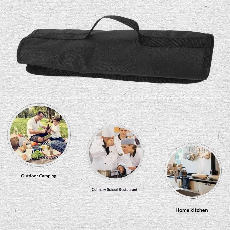 Black Chef Knife Roll Bag 5 Pockets Carry Case Portable Oxford Kitchen Cooking Knives Storage Bags Durable Knife Carrying Punch