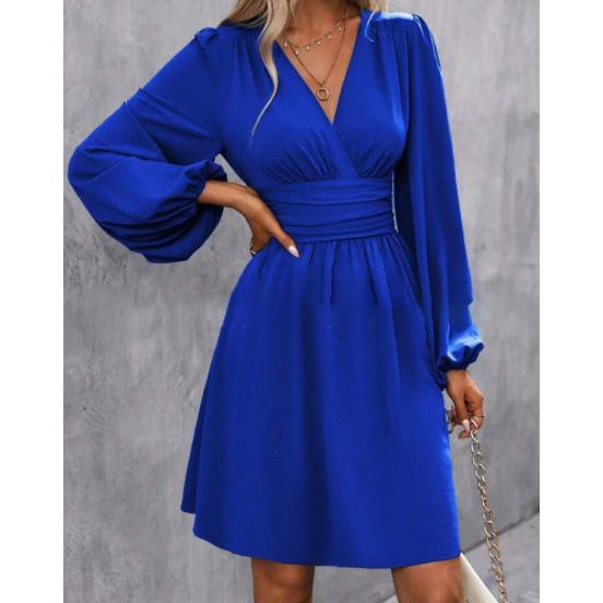 Abiti Abbigliamento Donna Scollo a V Manica a Lanterna Wrap Mini Abito Vita Arricciata Orlo Svasato Elegante per Stili Autunnali e da Festa