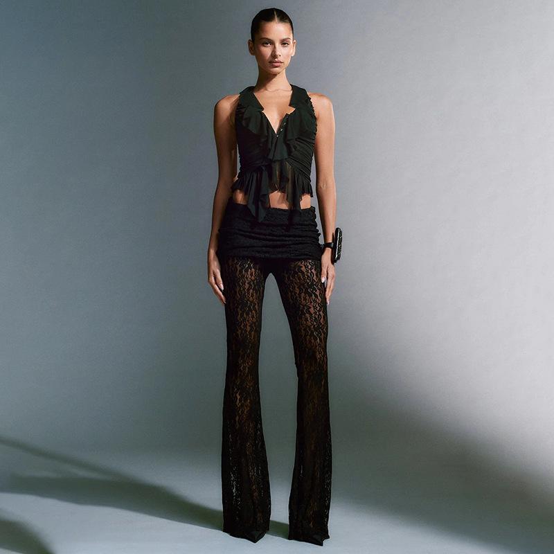 2024 European & American Lace Patchwork Deep V Top & Sheer Flared Pants Women's Set