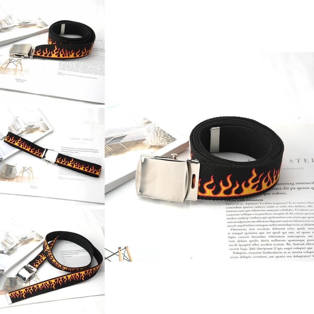 Fashionable Flame Pattern Metal Buckle Decoration Woven Canvas Belt For Men And Women Casual Style