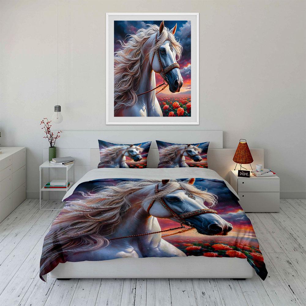 3Pcs White Horse With Rose Field Duvet Cover Set With 3D Printing Design Soft Polyester Bedding Set All-Season Comfort