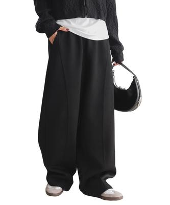 Kobe Lettuce Curved Elastic Loose Size Extra Black Women's Wide-leg Sweatpants, Loungewear, Stylish, Waist, Fit, M4050, Petite,