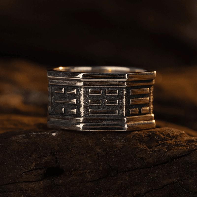 Adjustable Unisex Vintage-Inspired Silver-Plated Ring With Yin Yang Five Elements Motif Minimalist Boho Statement Jewelry