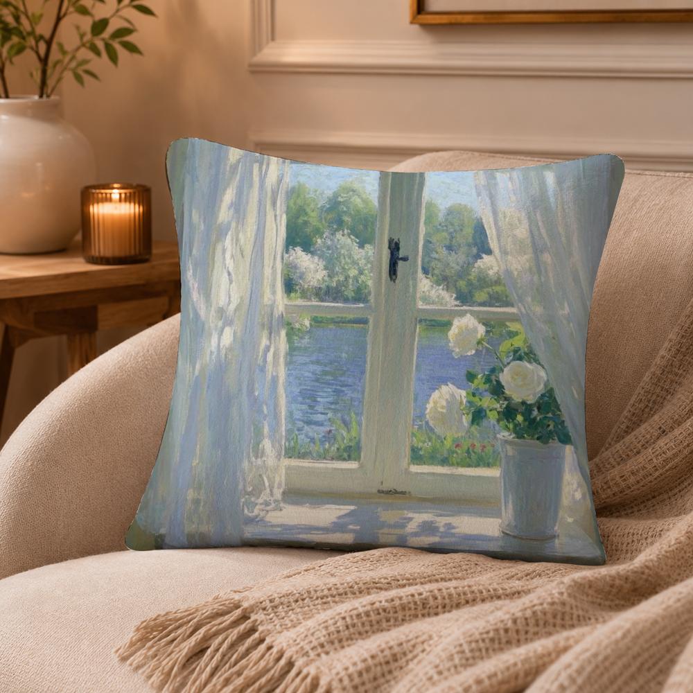 Landscape painting style Cushion Cover Anti-dustmite Pillowcase Invisible zipper silky short plush Sofa cushion cover