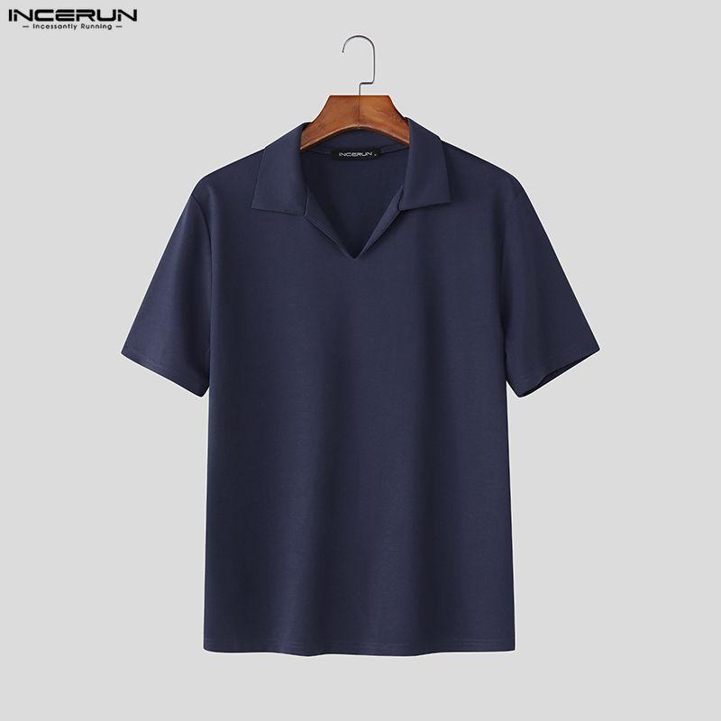 INCERUN Men Lapel Neck Short Sleeve Solid Color Casual Fitted T-shirts Tops