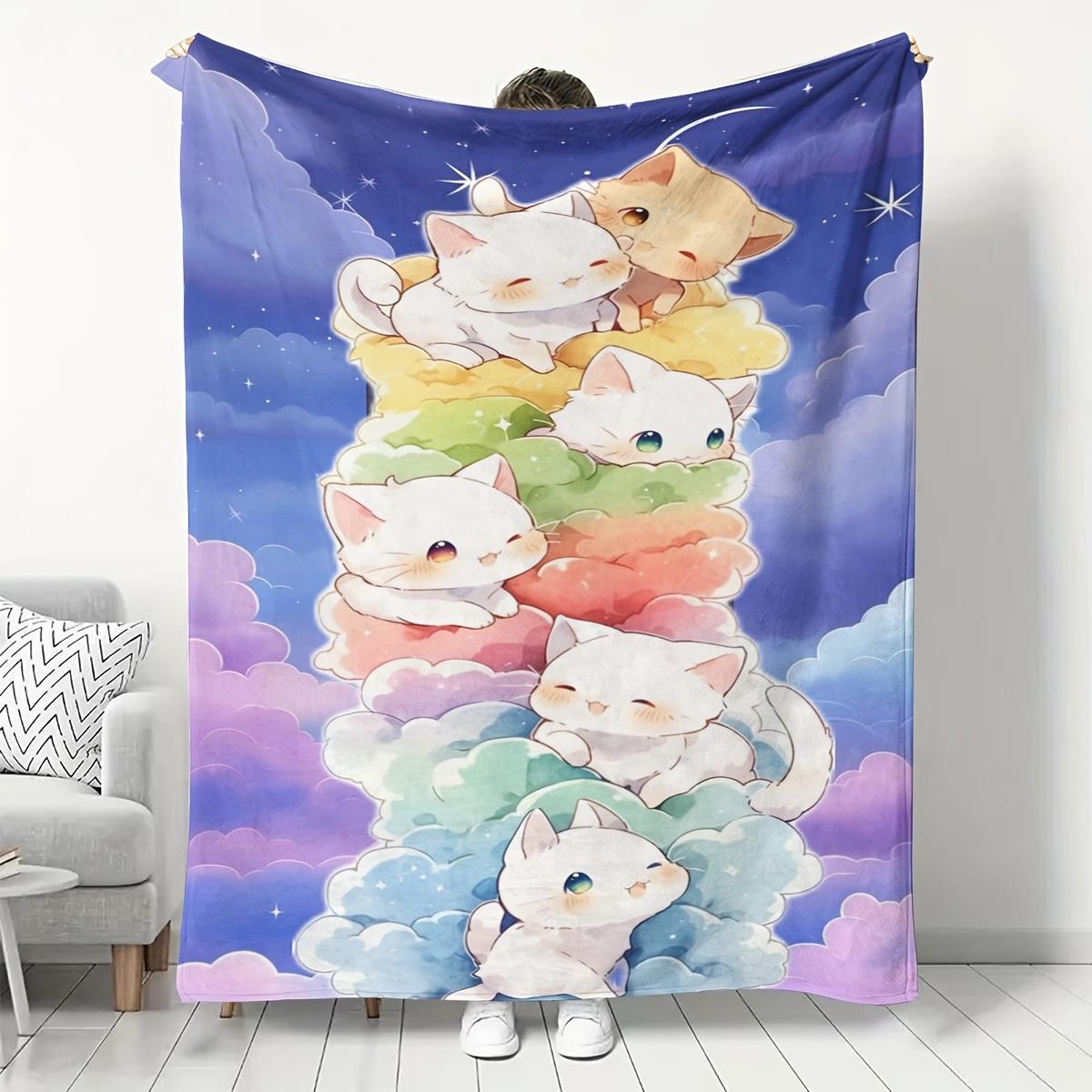 

Cute little cat with cloud pattern Flannel printed blanket suitable for all seasons suitable for living room office sofa travel 75x90cm