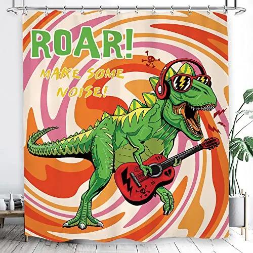 Dinosaur Funny Dino Kids Shower Curtains Bathroom Set Boys Animal Shadow Girls Cartoon Silhouette Black White Art Bathroom Decor
