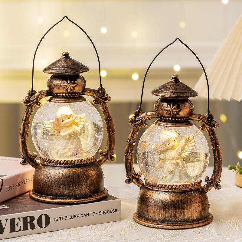 Retro Christmas Ornament: Crystal Ball Music Box & Oil Lamp Horse Decor
