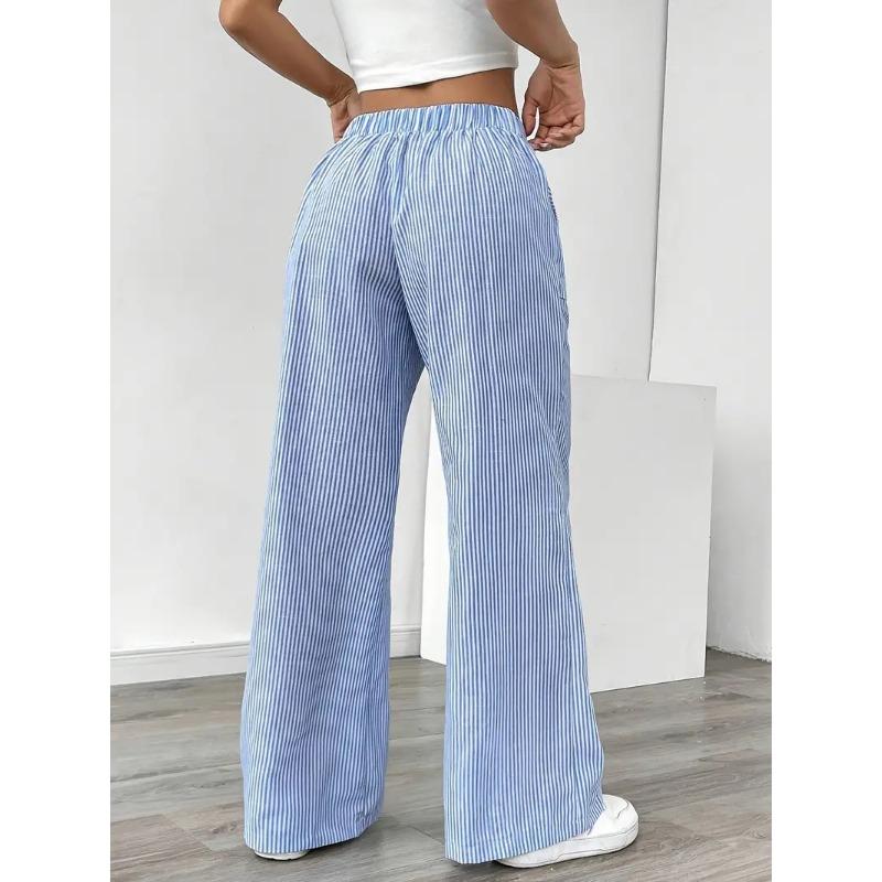 Women Striped Drawstring Wide Leg Casual Summer Pants