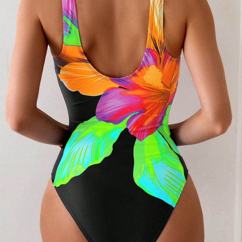 Printed sexy one-piece swimsuit women's wide shoulder straps