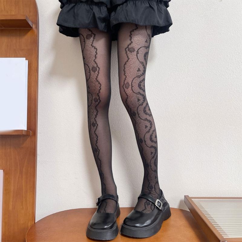Sheer Mesh Pantyhose Stockings for Women French Elegant Aesthetic Floral Lace Patterned Tights Thin Leggings Hosiery
