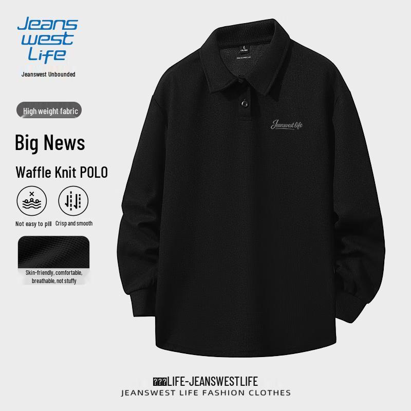 Jeanswest Men's Waffle Knit Letter Print Long Sleeve Polo Shirt