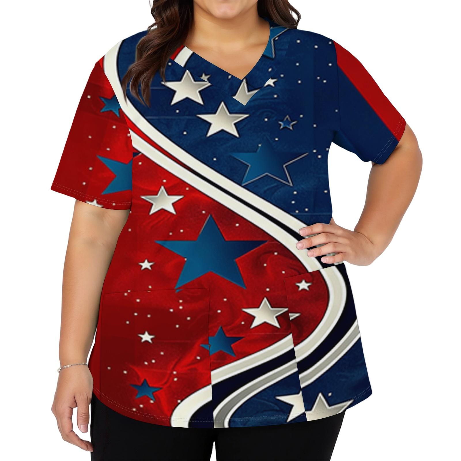 

Женская модная повседневная рабочая рубашка с принтом американского флага и звезд к Дню независимости, с V-образным вырезом, короткими рукавами, разрезами по бокам и карманами L темно-синий