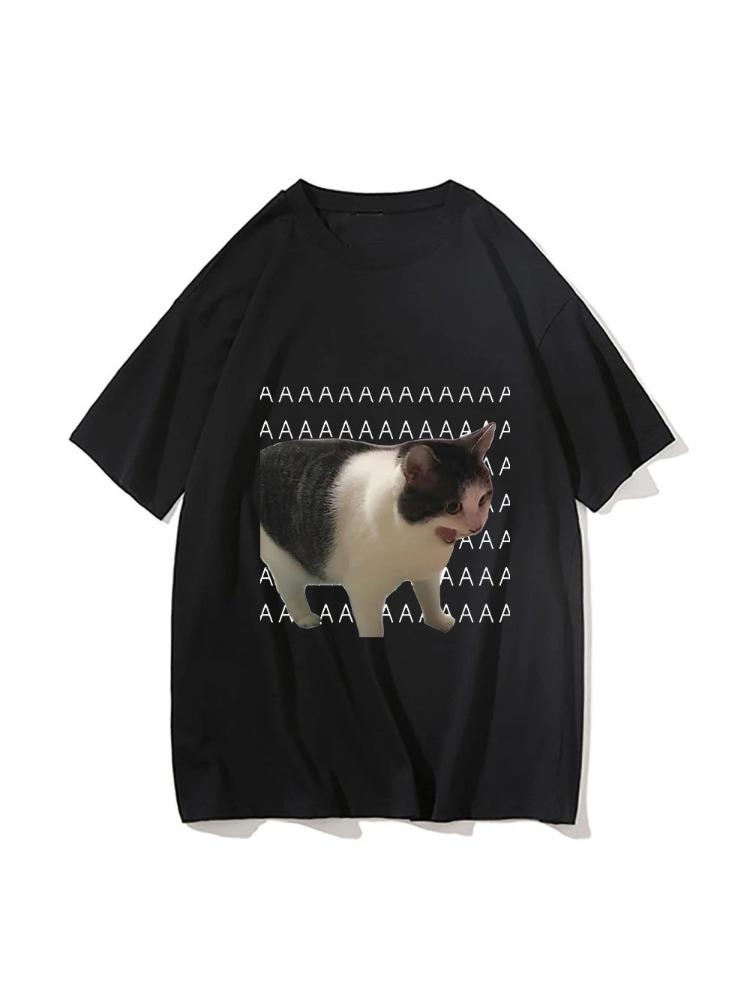 Hiphop Cat Unisexs TShirt Blue Graffiti Pattern Sport Shirt Casual Roundneck Top Streetwear Printed TShirt