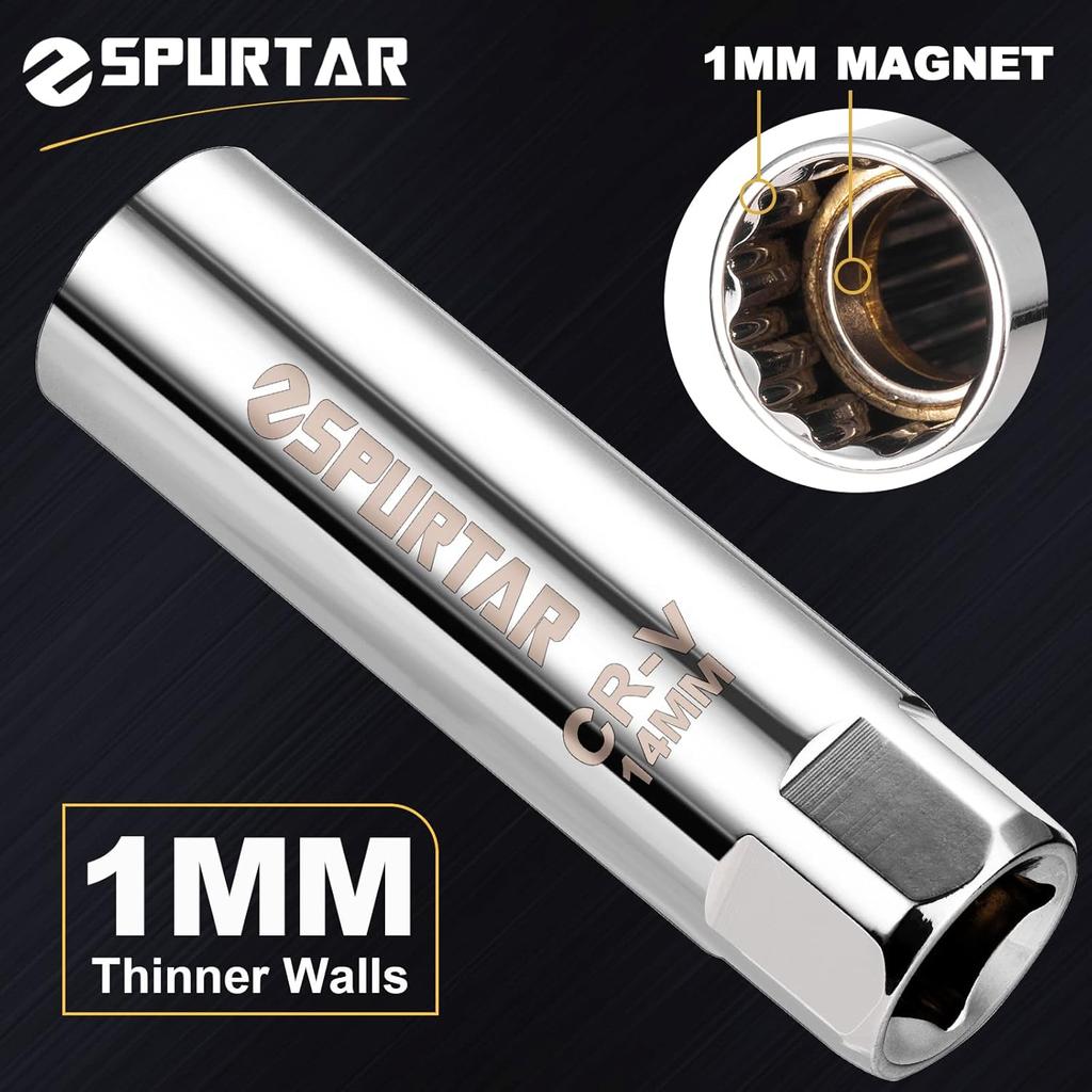 Spurtar 14mm Spark Plug Socket 3/8-inch Drive Thin Wall Magnetic Spark Plug Socket - 12-Point Design Compatible with BMW, Mercedes, Nissan, Mini