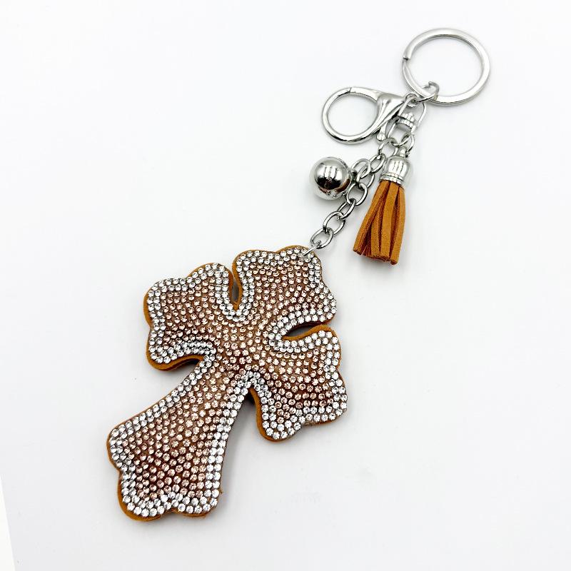 Crystal Rhinestone Cross Keychain - Creative Velvet Bag Pendant, Hot Selling Ornaments темные хаки