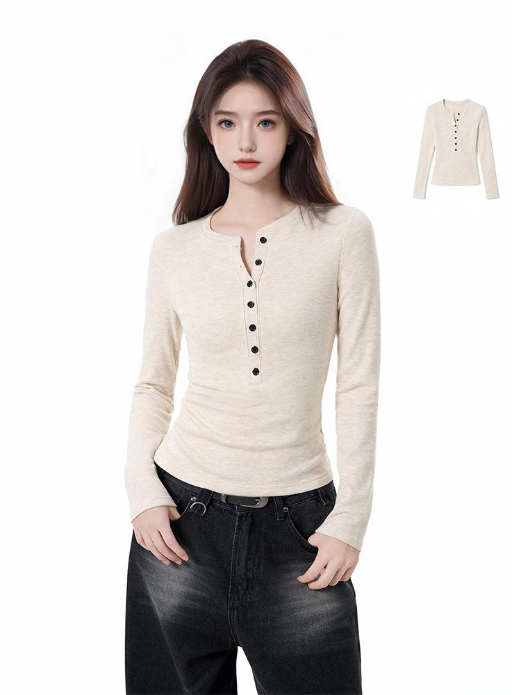 Women's Slim-Fit Long-Sleeve Henley Top: Waist-Cinching Base Layer for Autumn/Winter 2026