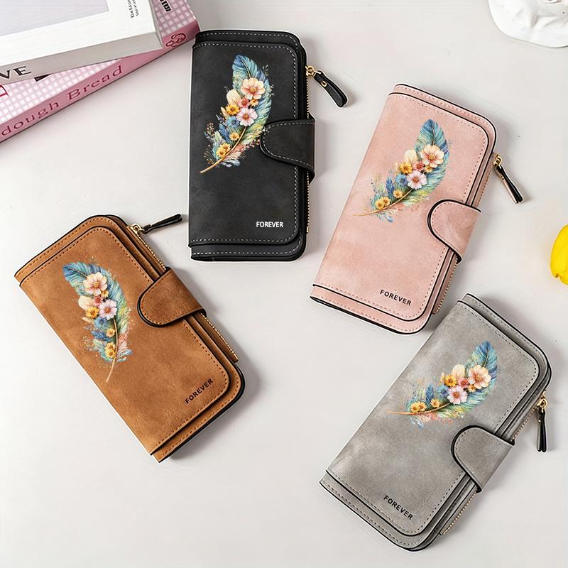 Feather and floral pattern women's long wallet| Multifunctional portable snap-button coin purse, birthday gift, suitable for daily commuting, with a