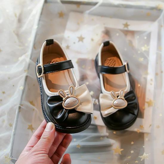 

Туфли для девочек, обувь из мягкой кожи, детская повседневная обувь на плоской подошве с бантом для девочек, обувь принцессы с милым кроликом для студенческой вечеринки, весна-осень 36 чёрный