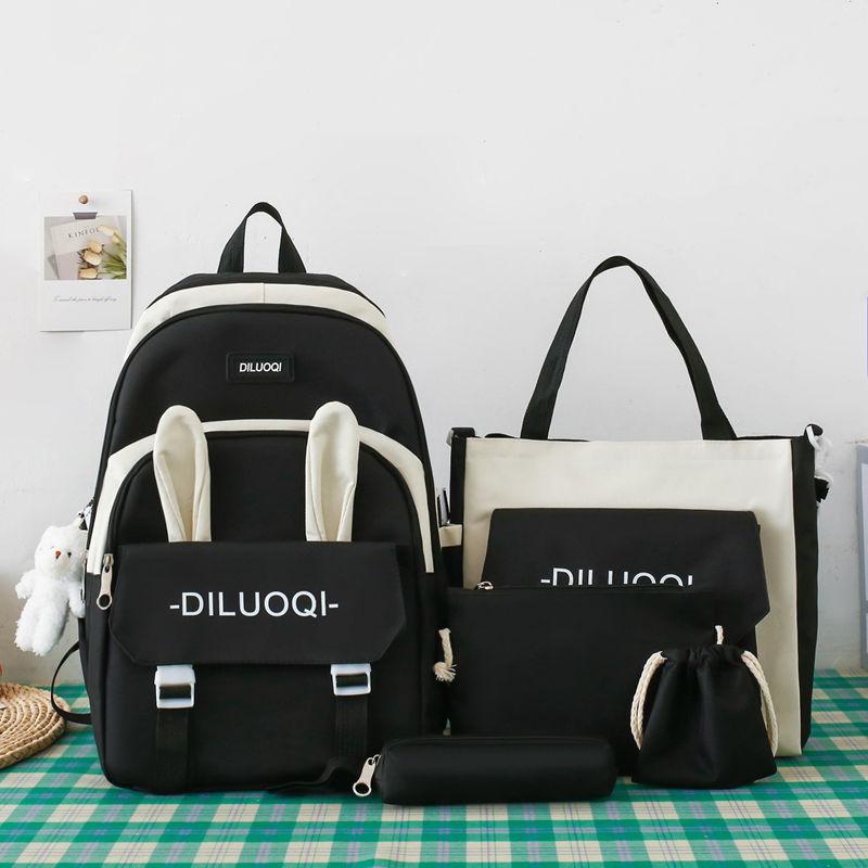 Autumn New Canvas Backpack Women's Korean Version Large Capacity Five-Piece Set Middle School Student Backpack College Student