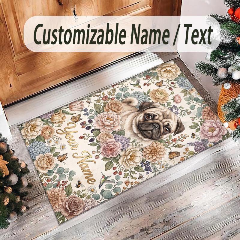 Pug Theme Crystal Velvet Floor Rug Personalized Custom Name Text Warm Carpet Home Decoration